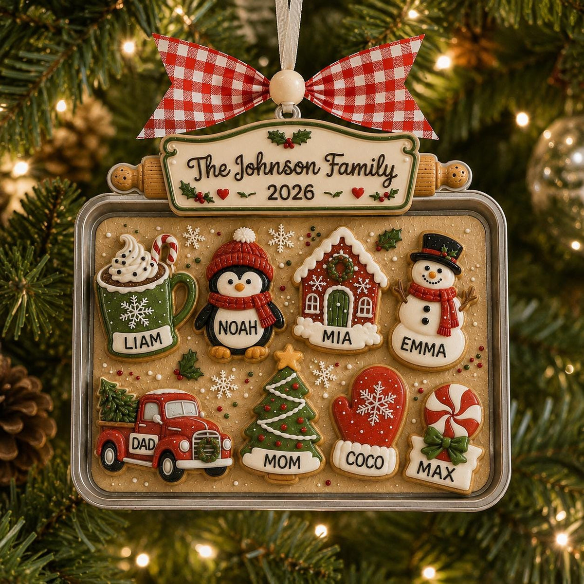 Custom cookie tray ornament with red gingham bow hanging on a tree
