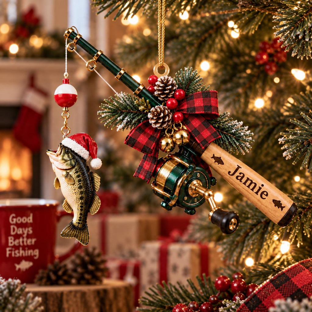 Custom fishing rod Christmas ornament with name on the handle by the fireplace