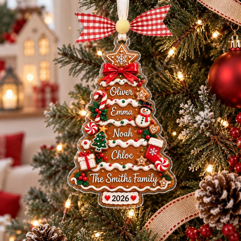 Custom gingerbread cookie tree ornament hanging by a cozy fireplace