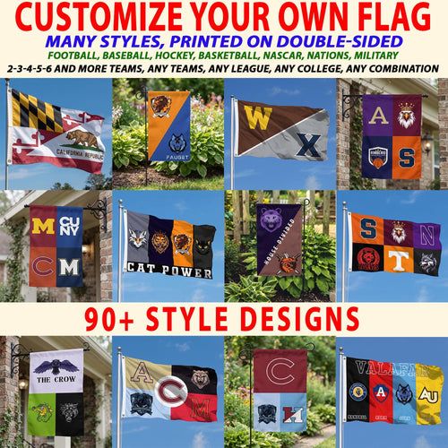 Custom house divided flags in many split styles for 2 to 6 teams, shown as garden and house flags