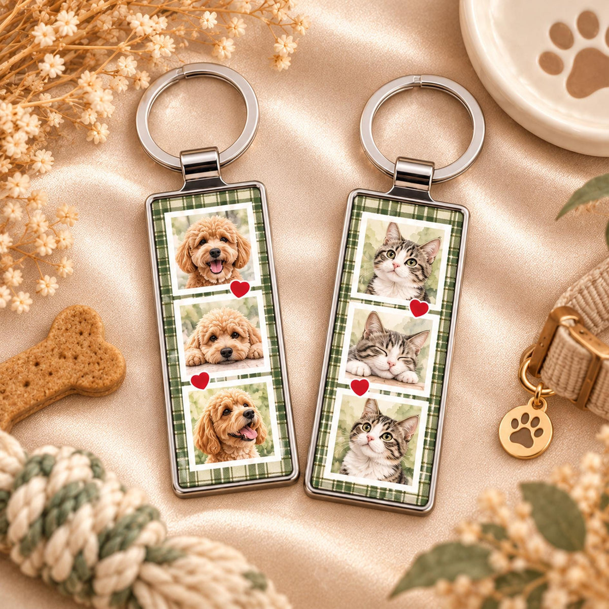 Two custom pet photo strip keychains with a poodle and a tabby cat on green plaid backgrounds