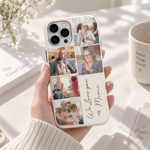 Personalized photo collage phone case with five family photos and the text We Love You Mimi