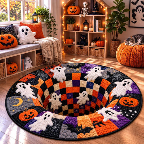Cute ghost Halloween round rug with a 3D checkered tunnel in a sunny nook with pumpkins and a sleeping cat