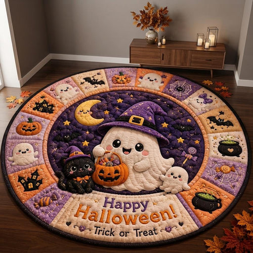 Cute ghost in a witch hat Halloween rug on a dark wood floor near a console with candles and fall leaves