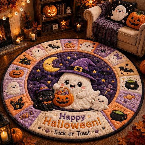 Cute ghost witch round quilted rug with a Trick or Treat message by a cozy armchair, fireplace and pumpkins