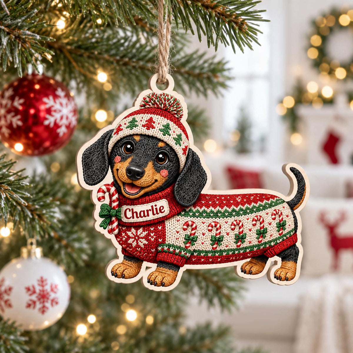 Personalized dachshund dog name wooden ornament hanging on a Christmas tree