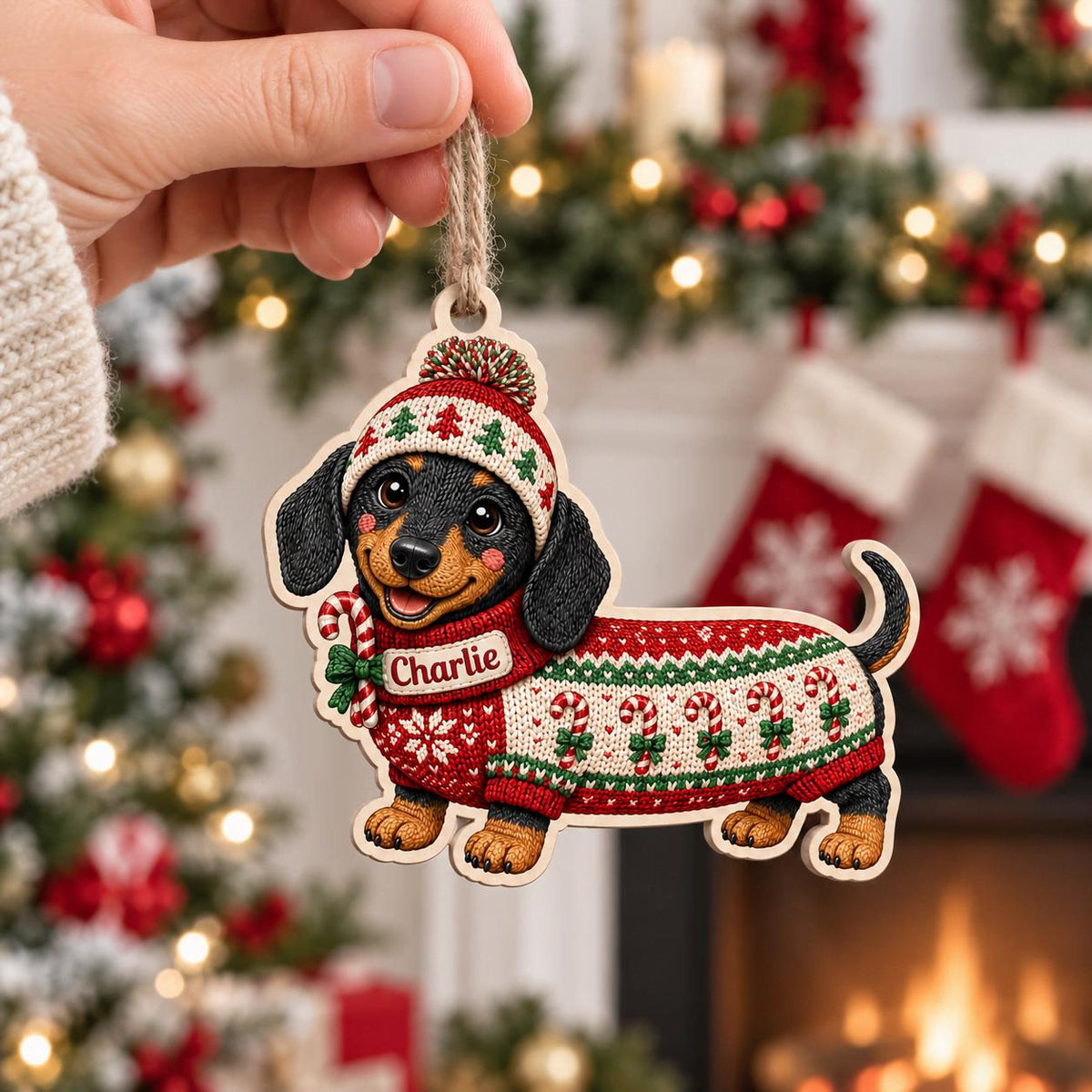 Black and tan dachshund candy cane sweater ornament held by a fireplace with stockings