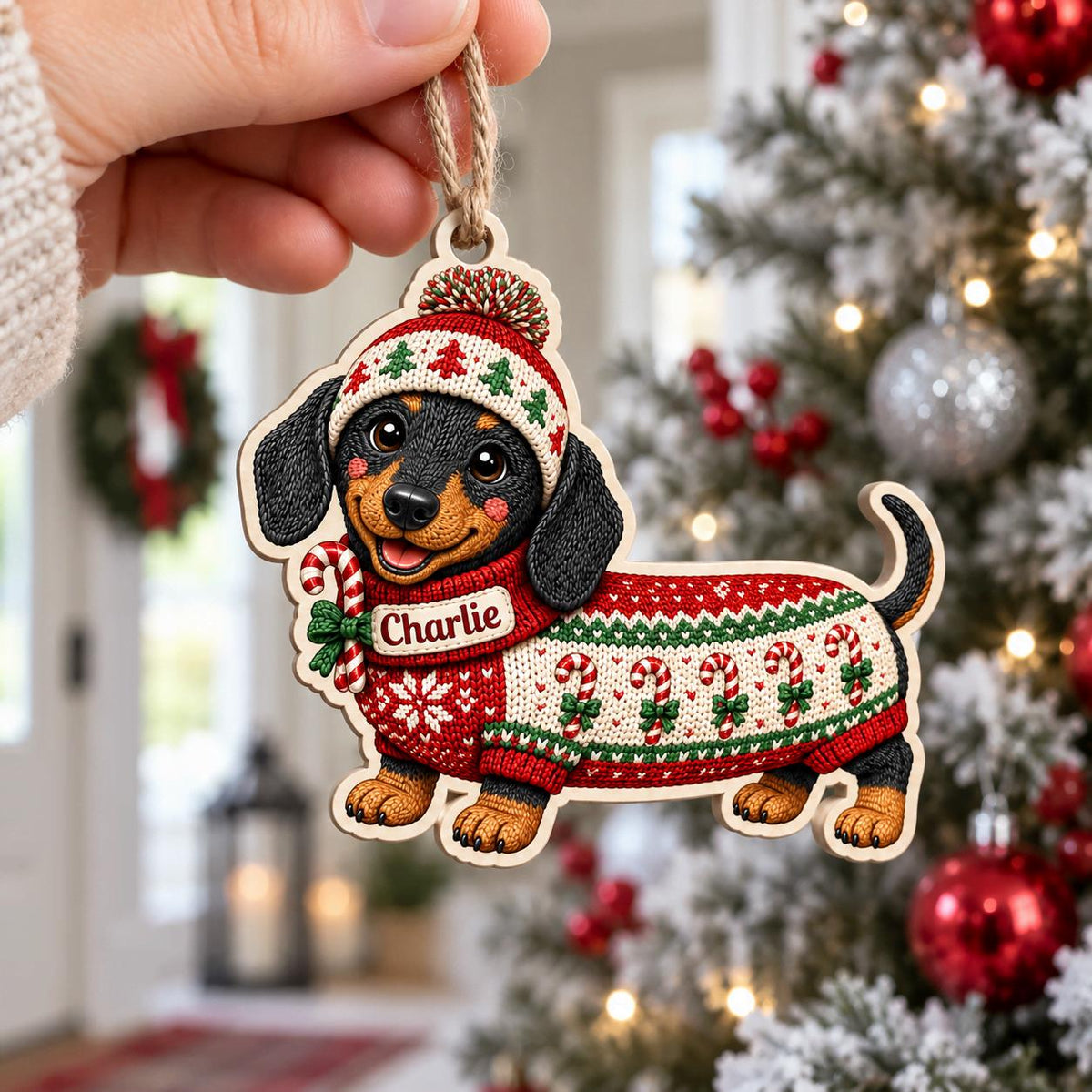 Hand holding a personalized black and tan dachshund ornament in a candy cane sweater