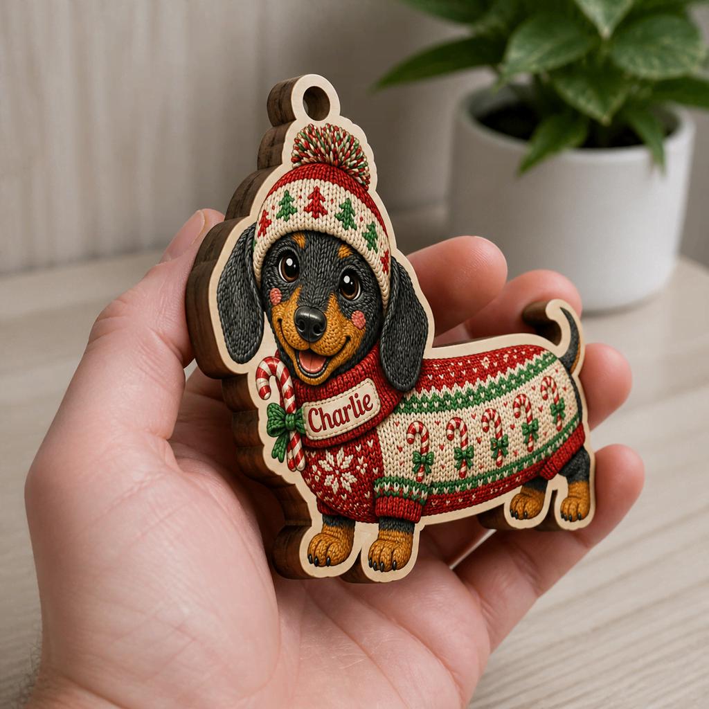 Hand holding a dachshund sweater wooden ornament showing the layered plywood edge