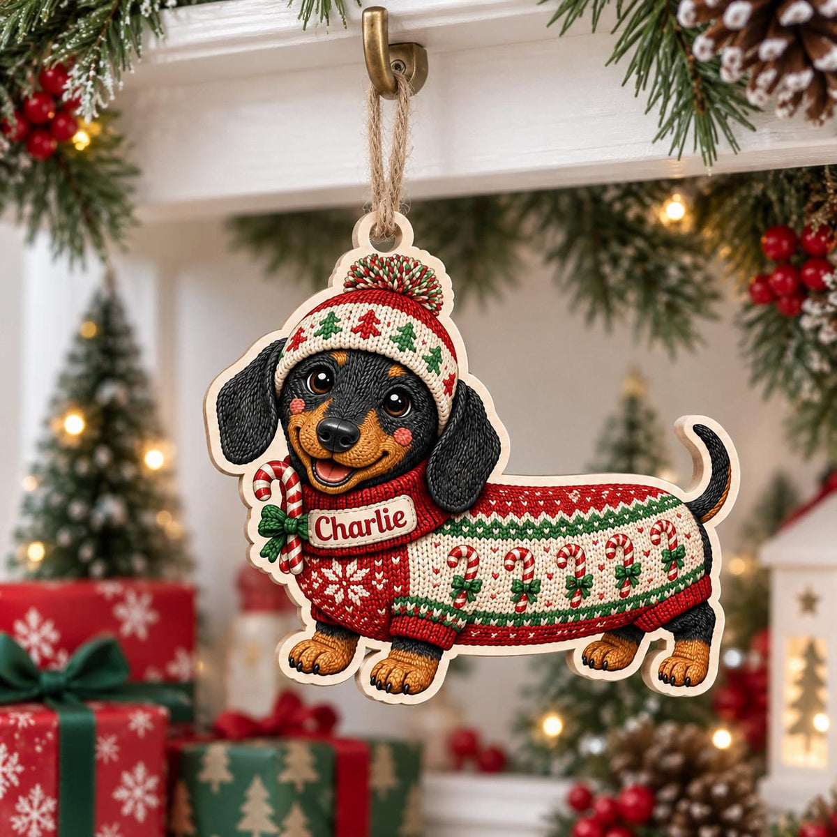 Dachshund in candy cane sweater and beanie wooden ornament hanging above Christmas gifts