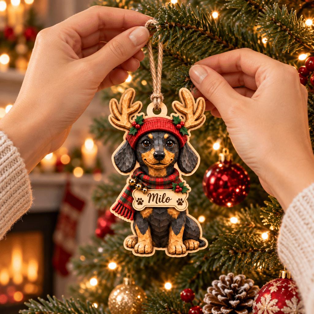 Hands hanging a Dachshund reindeer antlers ornament with dog name on a tree