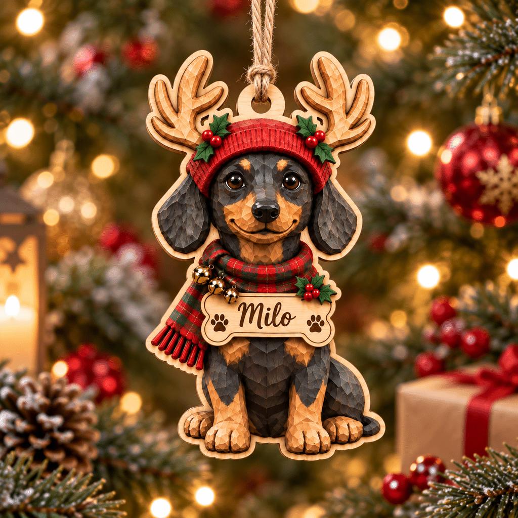 Personalized Dachshund with reindeer antlers wooden ornament with name on tree