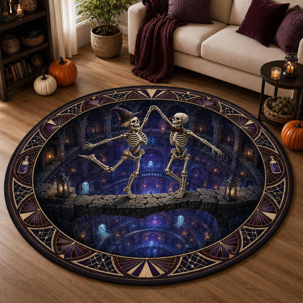 Dancing skeleton couple round rug with a 3D dungeon illusion on a wood floor beside a cream sofa