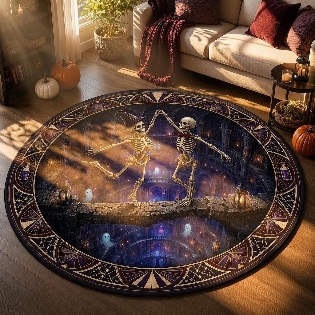 Round dancing skeleton Halloween rug in afternoon sunlight with pumpkins, a lantern and burgundy throw