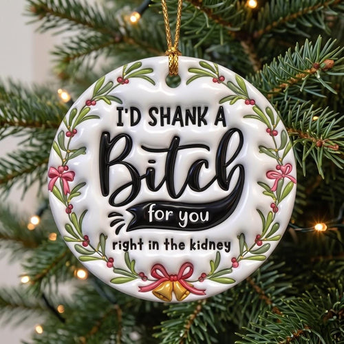 Dark humor Christmas ornament hanging on a pine tree