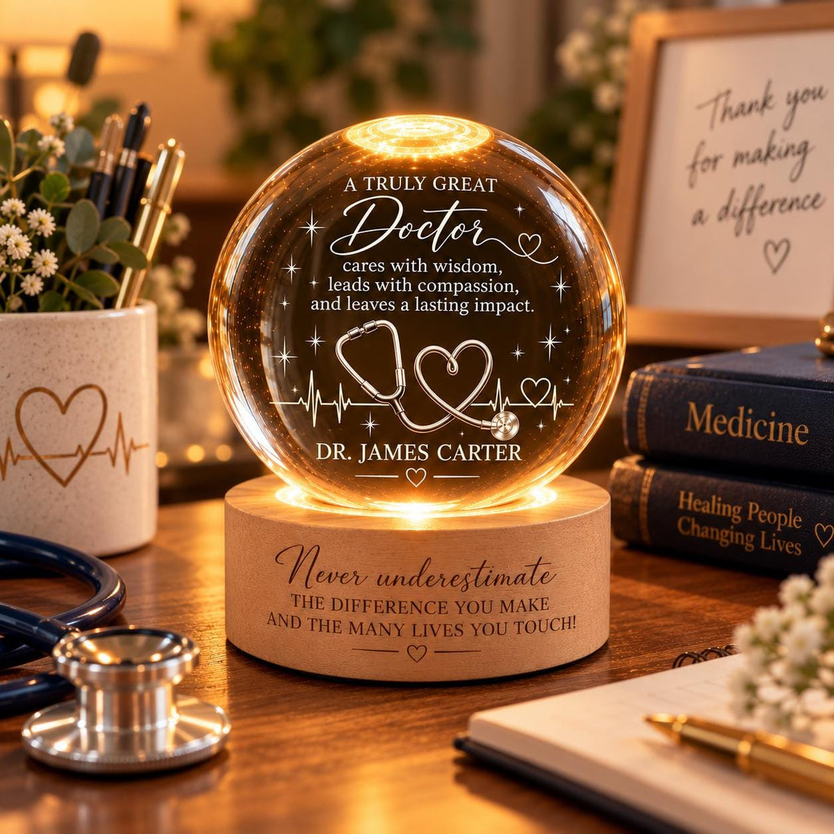 Engraved doctor crystal ball glowing on a desk with a stethoscope