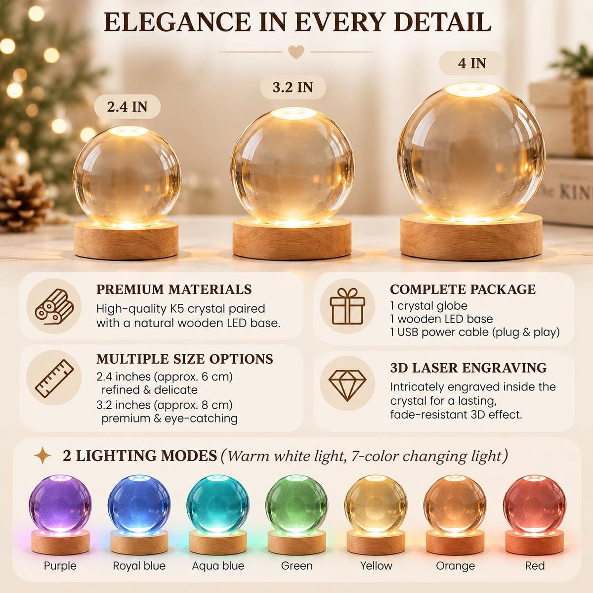 Crystal ball night light sizes 2.4, 3.2 and 4 inches with 7 light colors