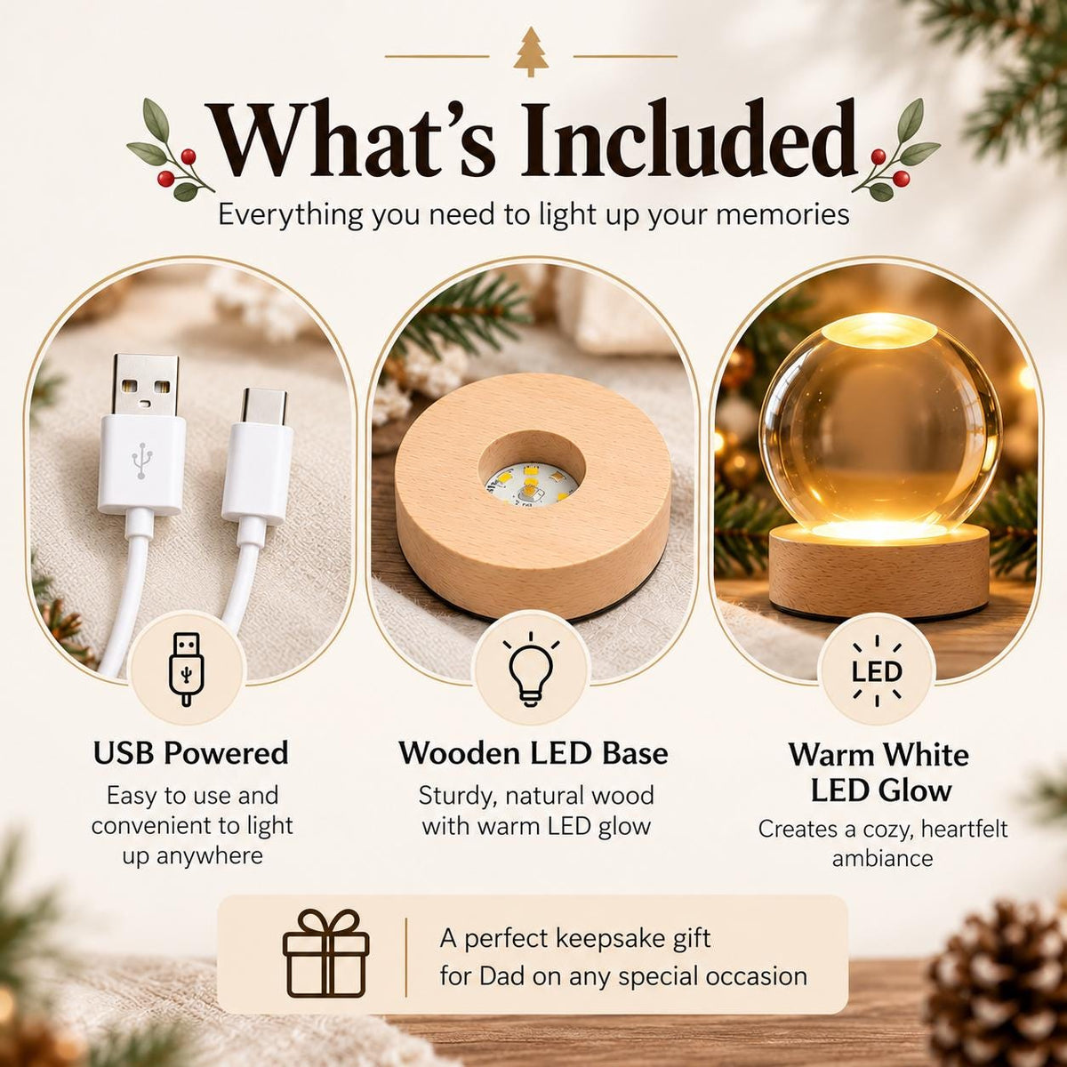 Crystal ball night light what's included: USB cable, wooden LED base and warm glow