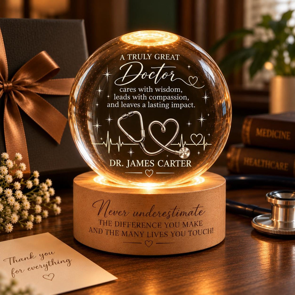 Doctor thank you crystal ball night light with stethoscope heart and Dr. James Carter