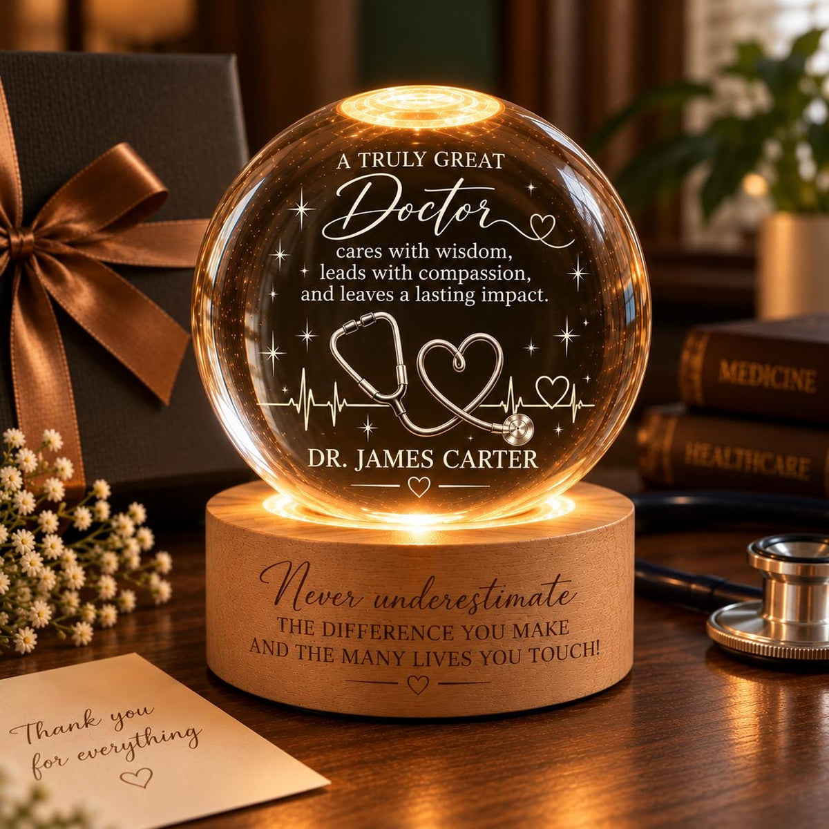 Doctor thank you crystal ball night light with stethoscope heart and Dr. James Carter