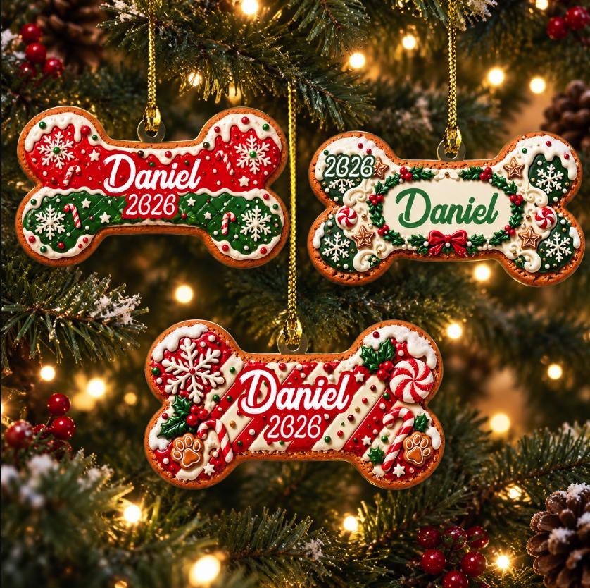 Three personalized dog bone ornaments with the name Daniel and 2026 on a Christmas tree