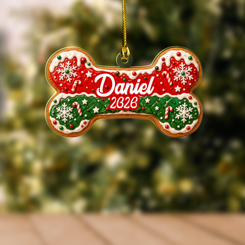 Dog bone Christmas ornament with snowflakes and candy canes