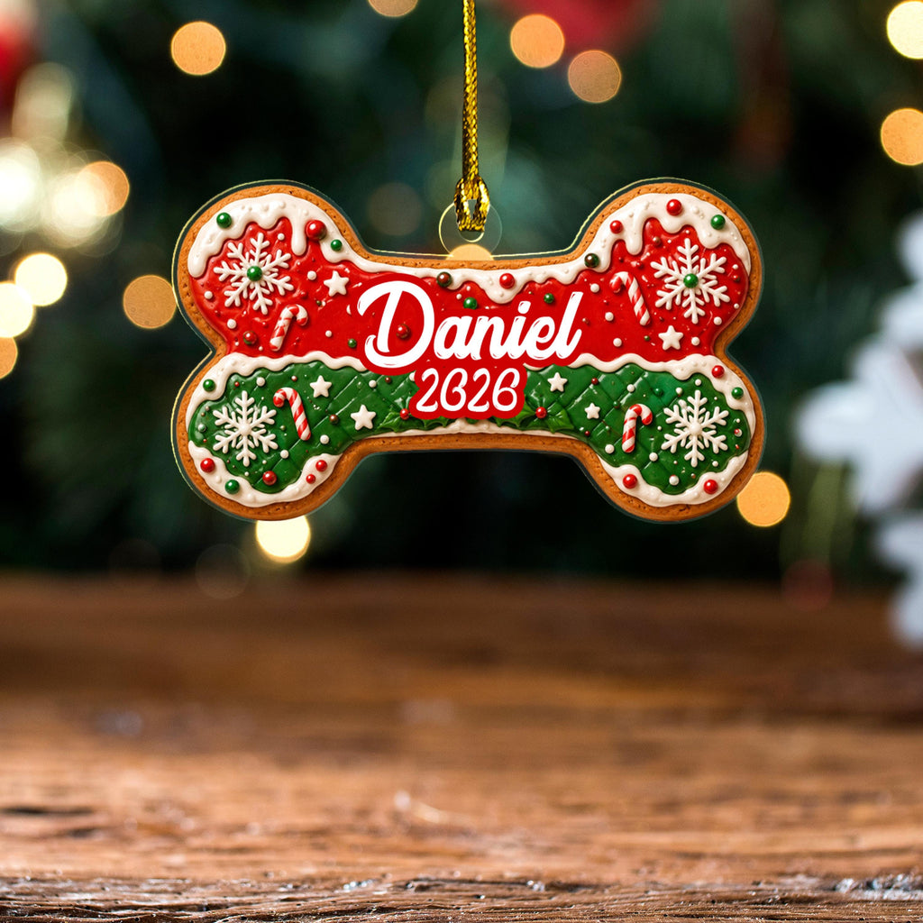 Style 1 dog bone ornament in red and green with Daniel 2026
