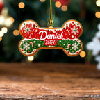 Style 1 dog bone ornament in red and green with Daniel 2026