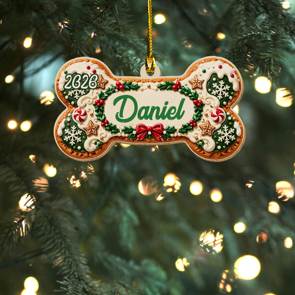 Style 2 dog bone ornament with a cream center and green name
