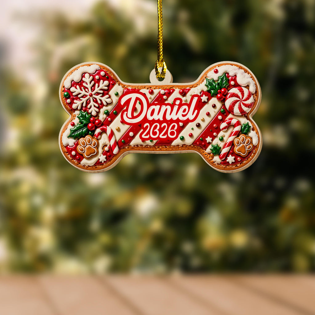 Style 3 candy cane dog bone ornament with paw prints