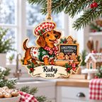 Dachshund in chef hat with bakery sign Christmas wooden ornament with name Ruby