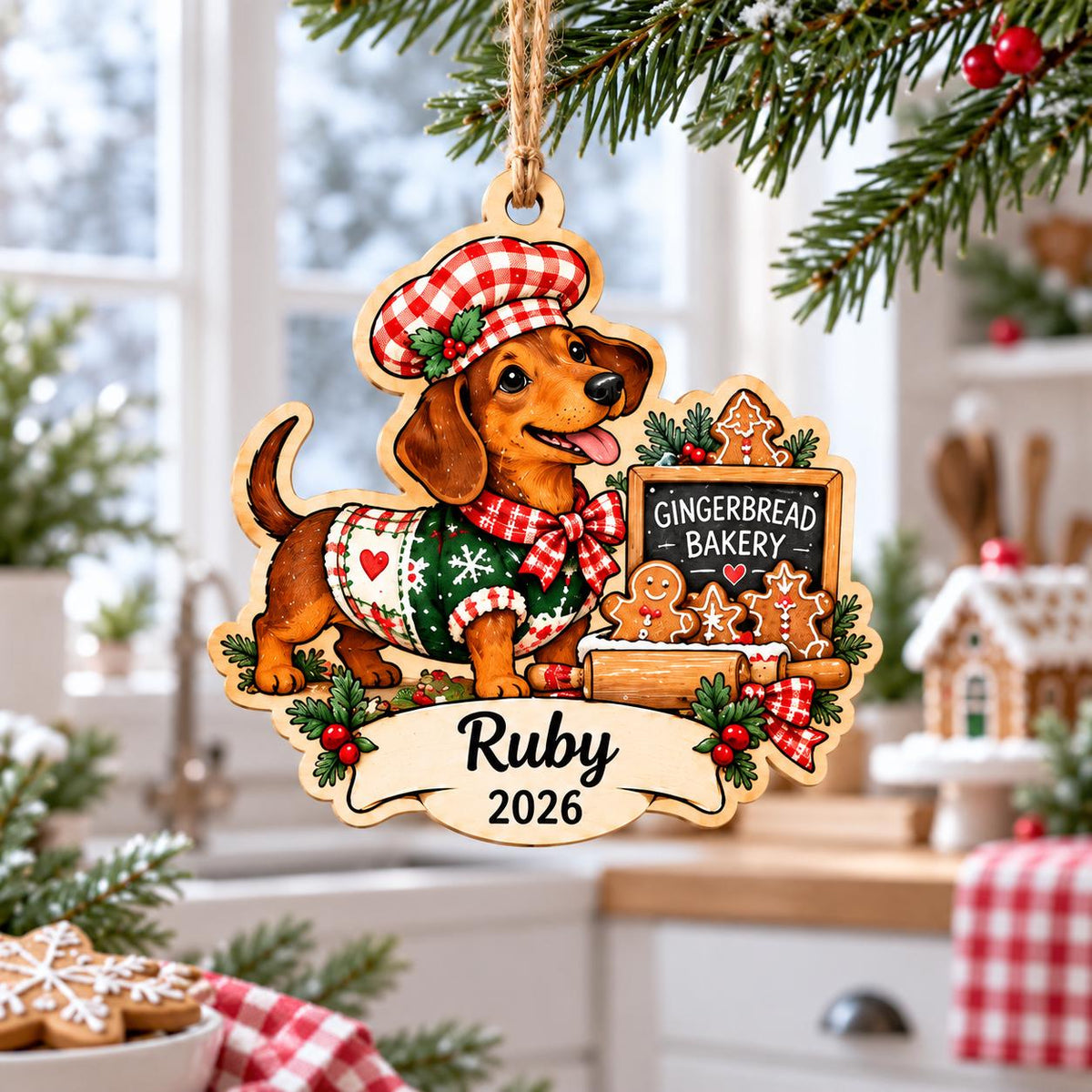 Dachshund in chef hat with bakery sign Christmas wooden ornament with name Ruby