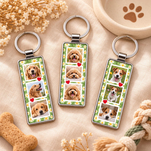 Three dog photo strip keychains on green daisy floral backgrounds