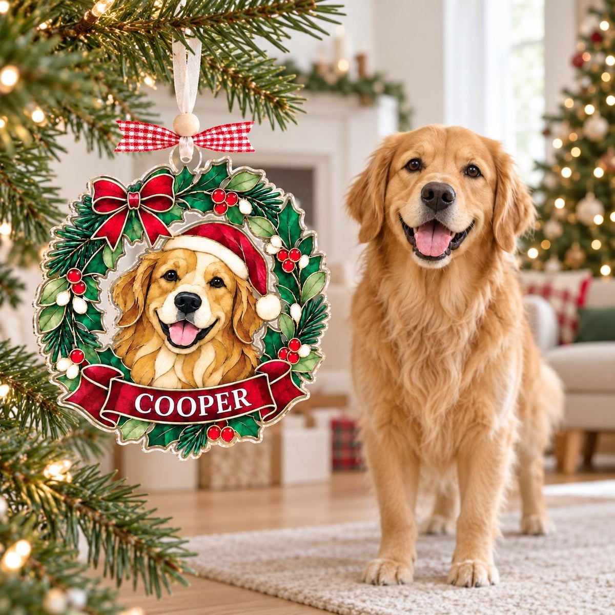 Golden retriever next to its custom pet portrait Christmas ornament