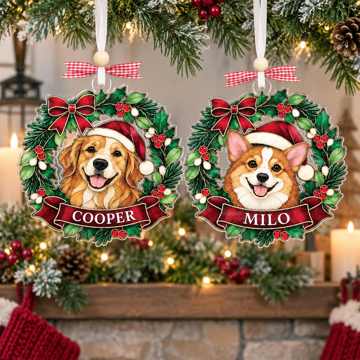 Dog wreath ornaments with names hanging over a mantel