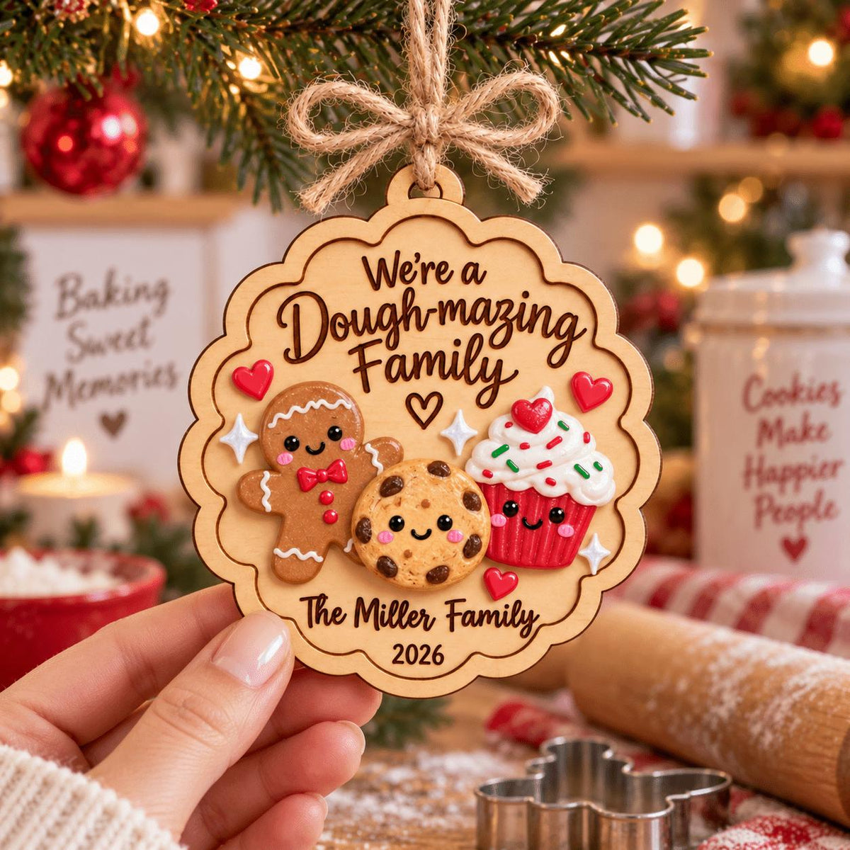 Hand holding a personalized Dough-mazing Family baking ornament with family name