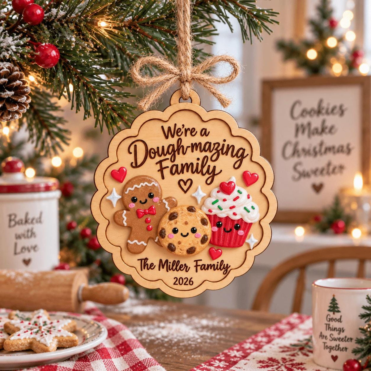 Personalized baking family ornament hanging in a festive kitchen with cookies