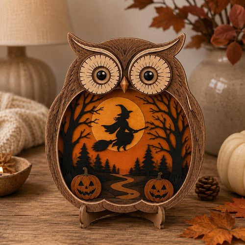 Enchanted owl Halloween wood decor with forest silhouettes and pumpkins