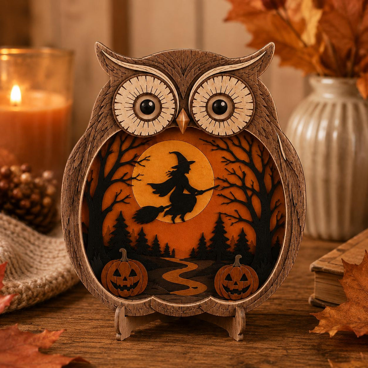 Owl shelf sitter with flying witch scene on a table with candles and autumn decor