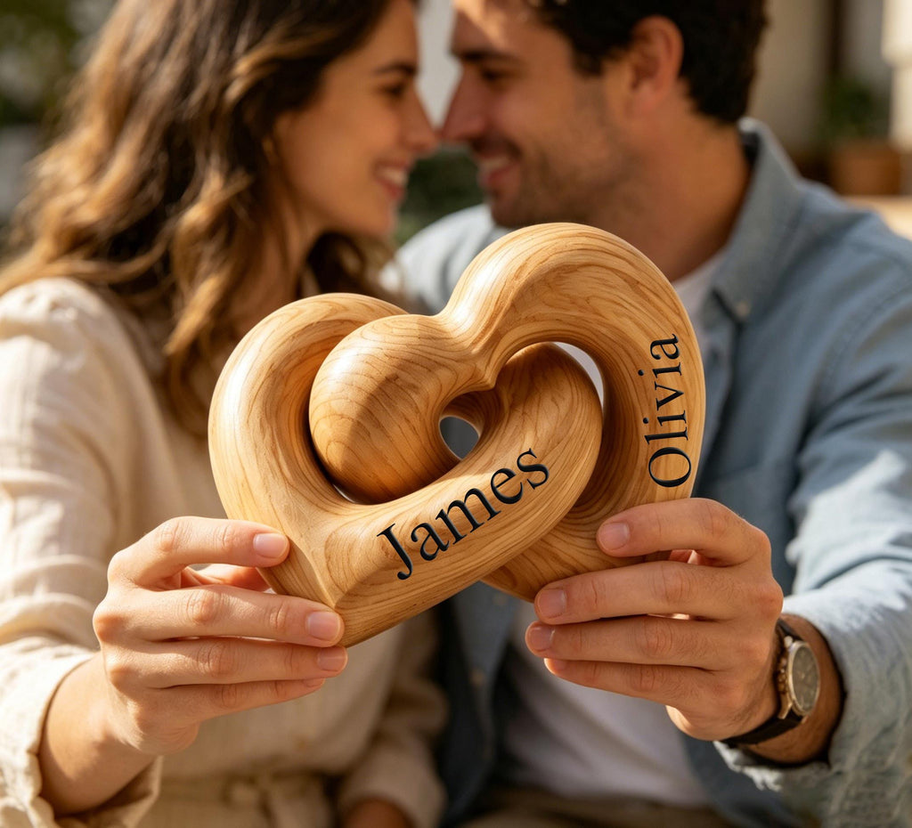 Engraved wooden hearts keepsake as a romantic anniversary gift