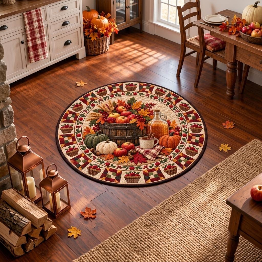Apple cider fall round rug on a kitchen floor beside copper lanterns, firewood and a woven runner