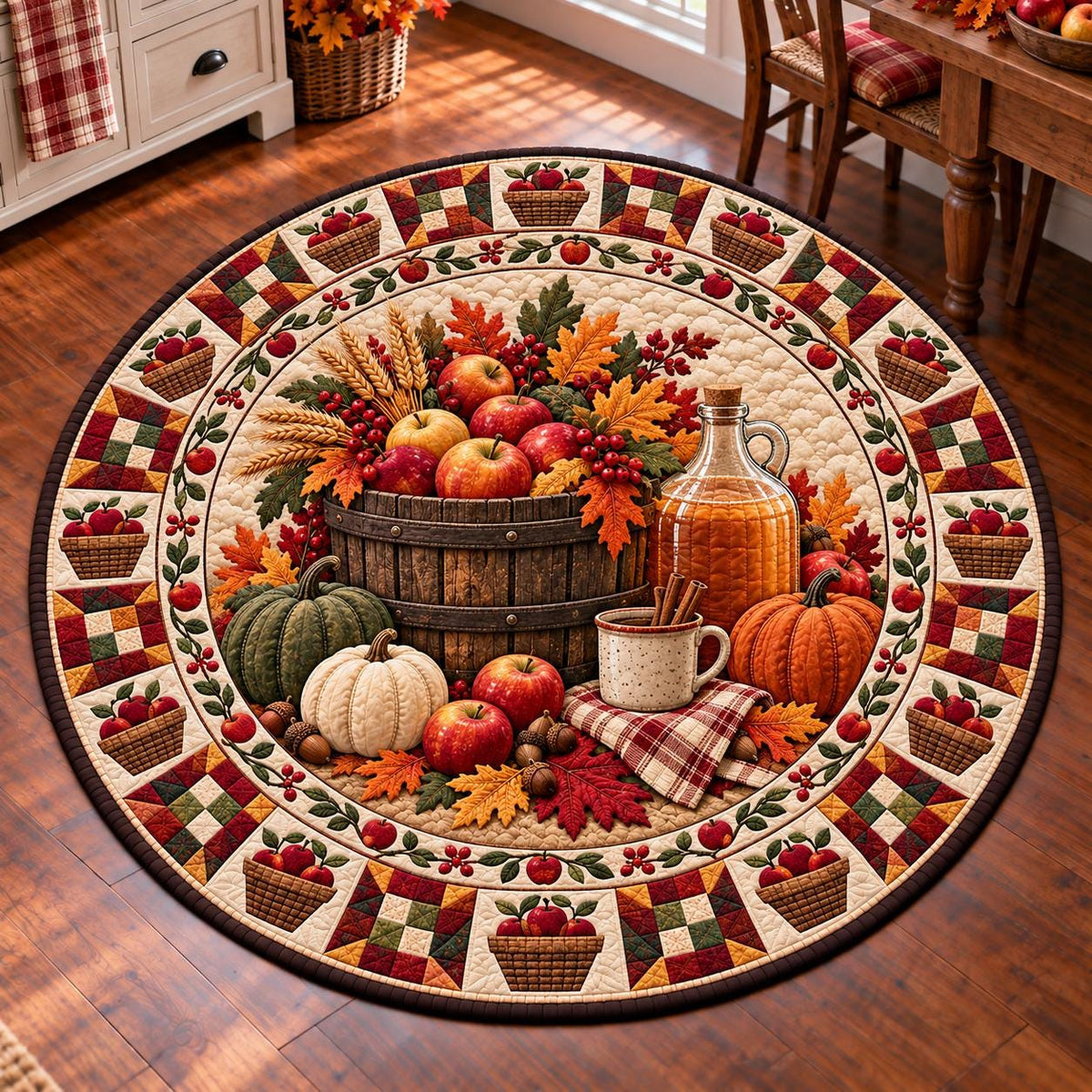 Fall apple harvest round quilted rug on a wood floor in a farmhouse kitchen near a table and fall flowers