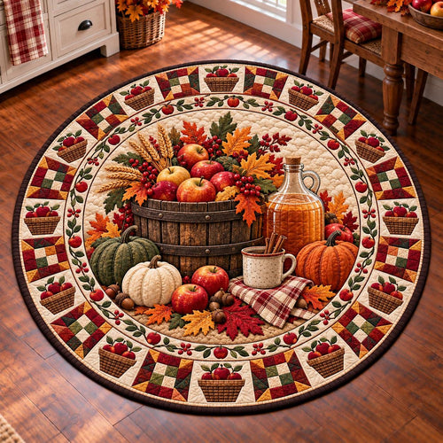 Fall apple harvest round quilted rug on a wood floor in a farmhouse kitchen near a table and fall flowers