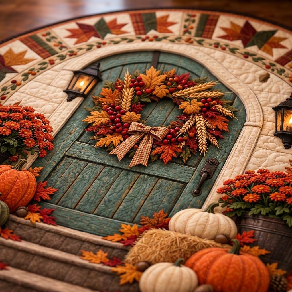 Close-up of a teal door with a harvest wreath, plaid bow, lantern, mums and pumpkins on a quilted rug