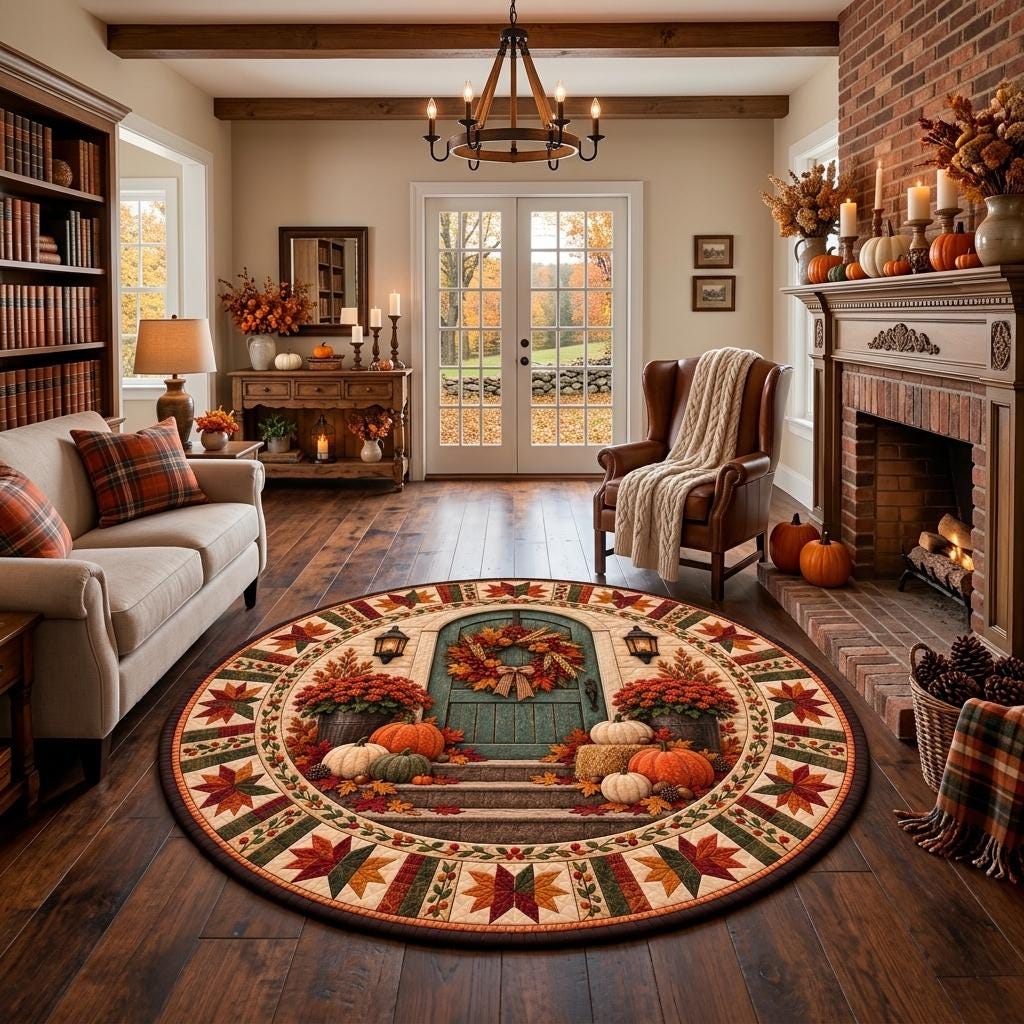 Fall front door round rug in a farmhouse living room with a brick fireplace, chandelier and leather armchair