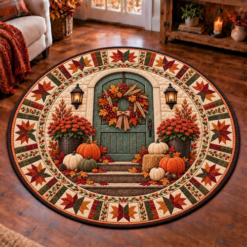 Fall front door round quilted rug with a harvest wreath and pumpkins on a wood floor near a rustic console