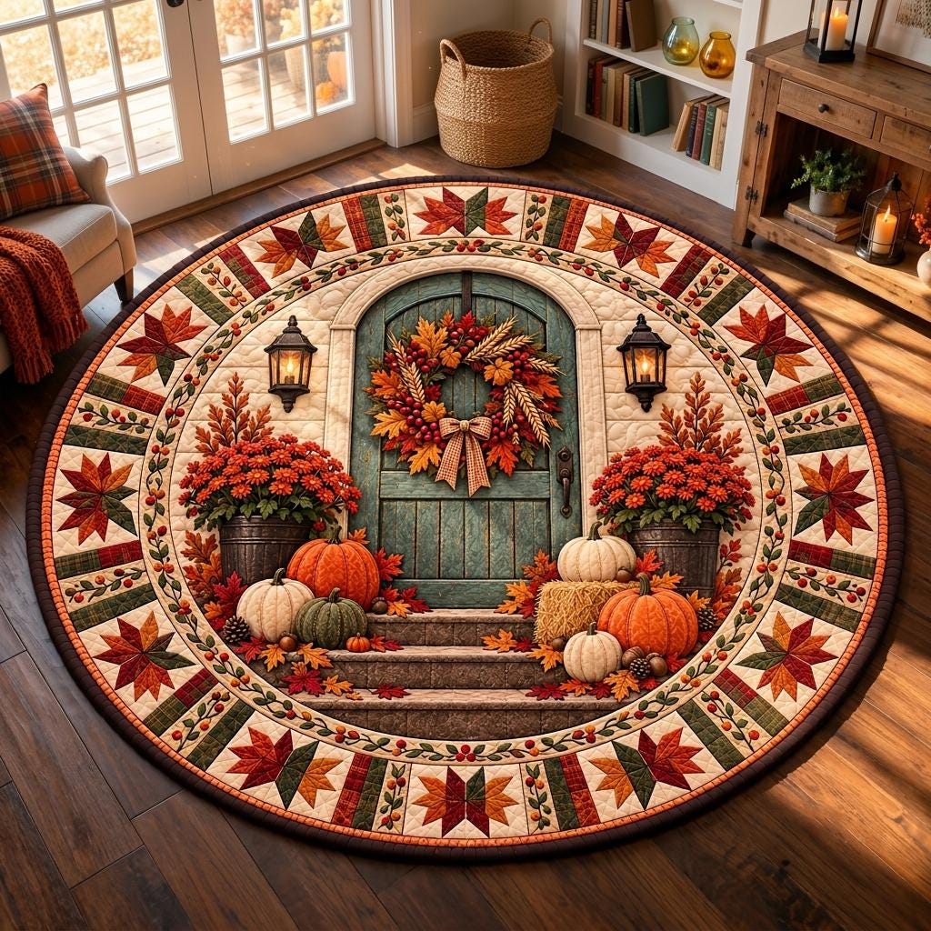 Autumn front door rug with lanterns and potted mums in a room with French doors and a white bookshelf