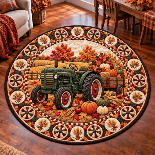 Fall tractor round quilted rug with a green tractor and pumpkin wagon on a wood floor near a dining table