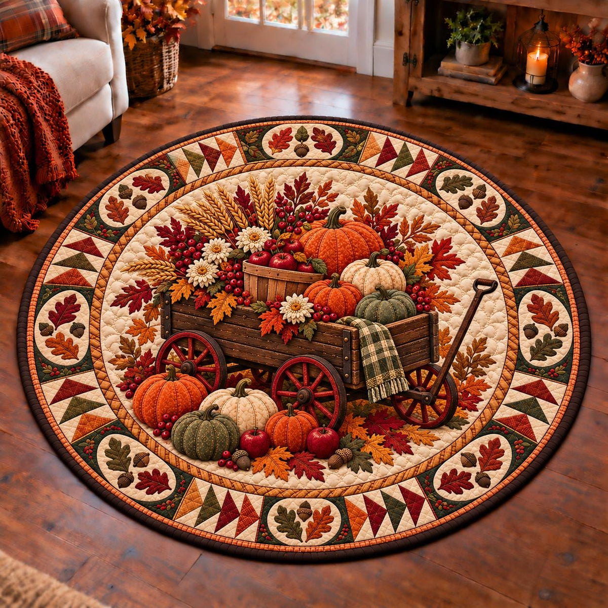Fall harvest wagon round quilted rug with pumpkins, apples and wheat on a warm wood floor by a sofa