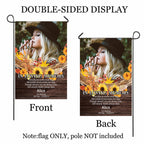 Fall memorial photo garden flag with sunflowers, poem and name shown front and back to display the double-sided print, flag only